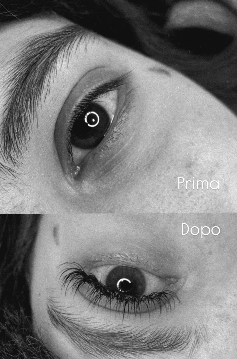 Prima e dopo di un trattamento extension ciglia one to one, in bianco e nero