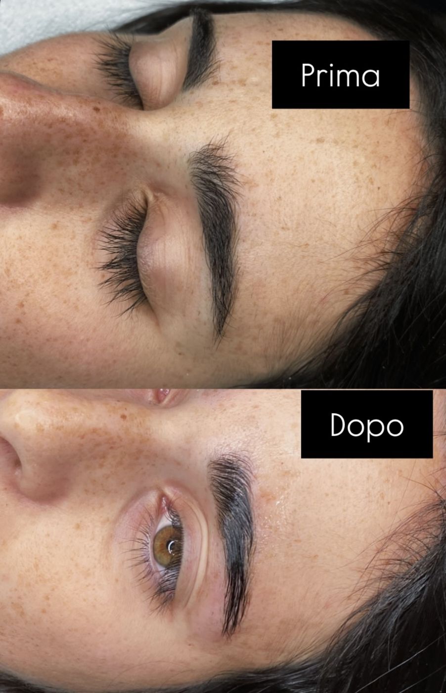 Prima e dopo di un trattamento di laminazione sopracciglia